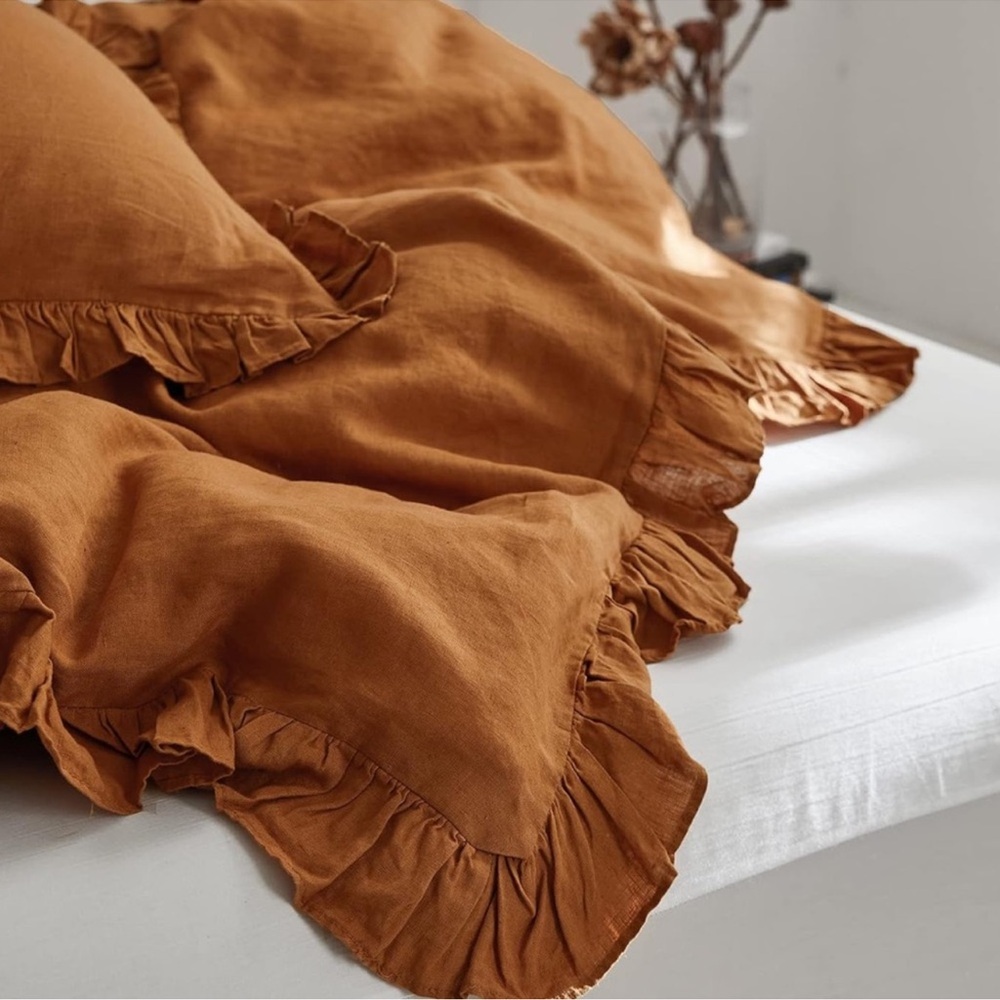 🆕 Luxury 100% Linen Ruffle Duvet Cover Set in QUEEN - Picture 4 of 10